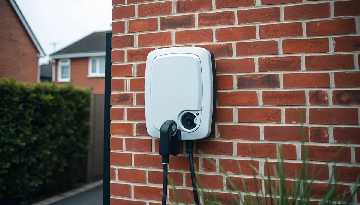 A white home electric vehicle charge point mounted on a red brick house wall, cable connected, on a quiet residential street.