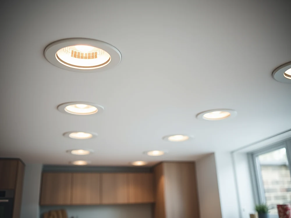 Recessed LED downlights switched on in a white kitchen ceiling, above wooden wall units.